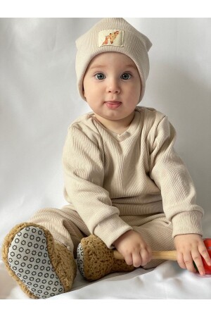 3-teiliges Baskenmütze-Set aus Baumwolle für Babys und Kinder in Beige - Miababy