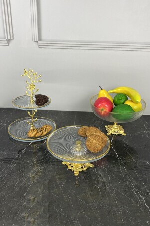 3-teiliges Glas-Servierset mit Beinen und Obstplätzchen-Plätzchen-Kuchen-Dessertschalen-Teller-Set - May Home