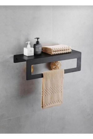 30 Cm Black Towel Rack with Shelf - Towel Holder with Metal Shelf - Kitchen - Bathroom with Shelf - Şimşekproduct