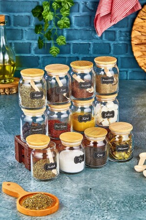 300 ml 12 Jars with Labeled Bamboo Lids and 12 Mini Spice Spoons - 24 Piece Spice Set fbzbhrt1 - FBZhome