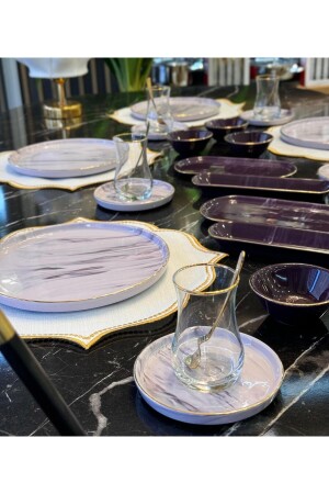 32 Piece Modern Marble Plum Breakfast Set Gold - Onedekor