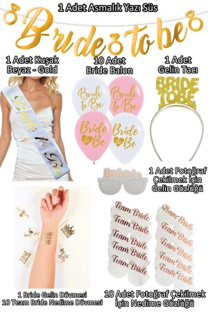 35 Piece Gold Bride To Be Set Bachelorette Party Supplies Sash Tattoo Crown Balloon Lettering Decorations - Huzur Party Store