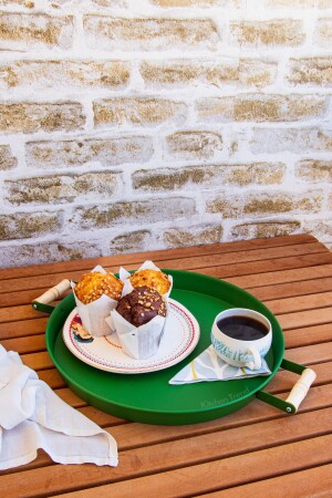 37 Cm Metal Round Green Tray with Wooden Handles Presentation Tray, Breakfast Tray 37galvanized - kitchen trend