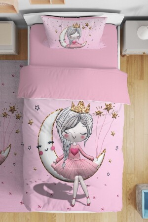 3D-Bettwäscheset mit rosa Prinzessin sitzt auf dem Mond, gemustert, für Einzelbett, Kinder, evnev00164 - Evpanya