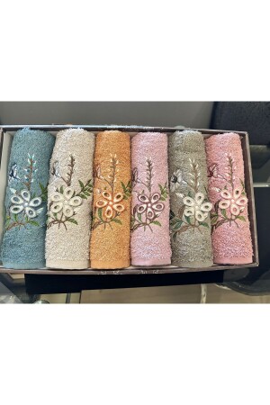 3D Flower Embroidered Boxed Set of 6 50x90 Hand and Face Towels **Buket*BGNL* - AYHANHOME