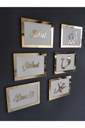 3d Sabret Şükret Dua Et Allah Muhammed Vav 6'lı Tablo Set (20*13) Gold / Beyaz Bilazertasarım - Elitelazer