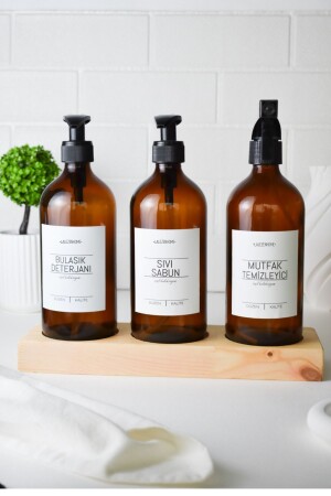 3lü Ahşap Standlı Sıvı Sabun Bulaşık Deterjanı Mutfak Temizleyici Beyaz Etiketli Amber 500ml Ahsapstantlı - LALEZEN HOME