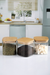 3'lü Kare Kavanoz 800ml Bambu Kapaklı Lüks Vakumlu 3x800k - Karçiçeği Home