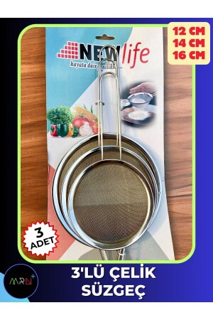 3'lü Paslanmaz Tel Süzgeç, Pirinç Süzgeci, Çelik Süzgeç, Metal Süzgeç P989S6008 - Mirvano