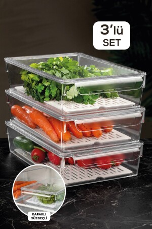 3'lü Set Süzgeçli Kapaklı Buzdolabı Düzenleyici Buzdolabı Içi Düzenleyici Organizer 7 X 32,5 X 20 Cm MCH-566 - Meleni Home