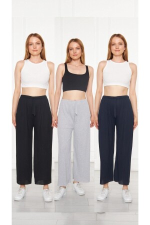 3'lü Siyah - Gri - Lacivert Kadın Fitilli Raporlu Pantolon & Eşofman, Gündelik Ev Giyim Pijama K0109-001 - Oyga