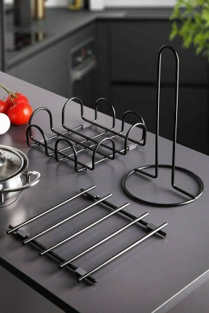 3'lü Siyah Nihale Peçetelik Havluluk Seti Black Rengi Paslanmaz Çelik Mutfak Servis Sunum Takım - Kitchen Store