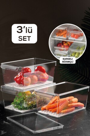 3'lü Süzgeçli Kapaklı Buzdolabı Düzenleyici Buzdolabı Içi Düzenleyici Organizer 14 X 32,5 X 20 Cm MCH-568 - Meleni Home
