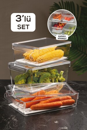 3'lü Süzgeçli Kapaklı Buzdolabı Düzenleyici Buzdolabı Içi Düzenleyici Organizer Slim Maxi Mega MCH-569 - Meleni Home
