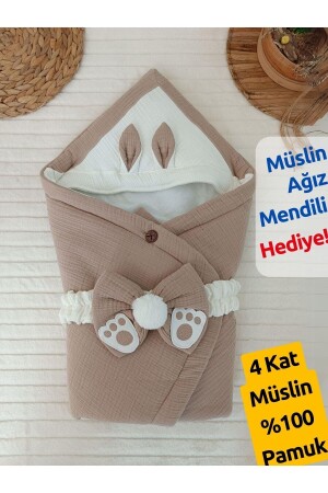 4 Kat Müslin Skahve Bebek Kundağı Unisex Dış Kundak Battaniyesi Hastane Çıkışı Hediyelik KND45407 - Tomuycuk