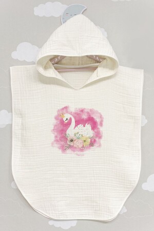 4 Layer Muslin Poncho - For Baby Series - Floral White Swan with Pink Background - Tuğba Kuğu