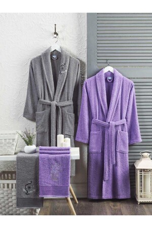 4 Parça Aile Bornoz Seti Kadın Erkek Havlulu Bornoz Takımı %100 Gri Lavanta 00872 - Elmira Textile