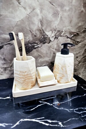 4 Piece Marble Patterned Concrete Bathroom Set Solid Liquid Soap Dispenser Toothbrush Holder Tray - Betonmall