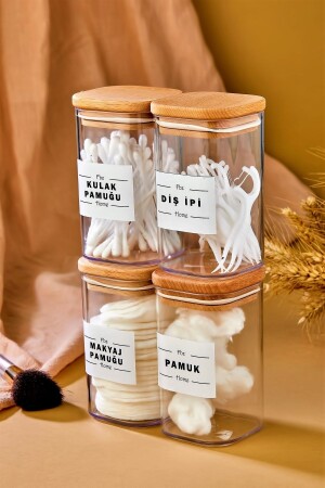 4-Piece Acrylic Dental Floss & Cotton Buds & Make-up Cotton Bathroom Set with Wooden Cover 250 Ml - Fbzhome