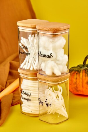 4-Piece Acrylic Dental Floss & Cotton Buds & Make-up Cotton Bathroom Set with Wooden Cover 250 Ml - Fbzhome