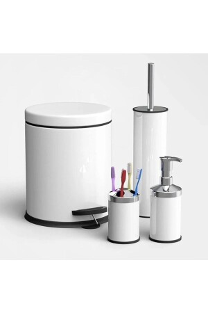 4-Piece Bathroom Set White Pedal 5lt Trash Can, Toilet Brush, Soap Dish, Tooth Brush Holder ÇKS112244 - nevhas