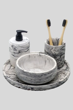4-Piece Marble Patterned Appearance Bathroom Set Toilet Wc Liquid Soap Dispenser Toothbrush Holder Concrete Accessory Set SWAN04 - FİNECREATİVE