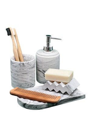 4 Piece Marble Patterned Concrete Bathroom Set Solid and Liquid Soap Dispenser Toothbrush Holder Presentation Tray BM-144 - betonmall
