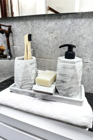 4 Piece Marble Patterned Concrete Bathroom Set Solid Liquid Soap Dispenser Toothbrush Holder Tray - Betonmall