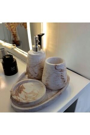 4-Piece Marble Patterned Concrete Bathroom Set Toilet Wc Liquid Soap Dispenser Toothbrush Holder Accessory - Trust Stone