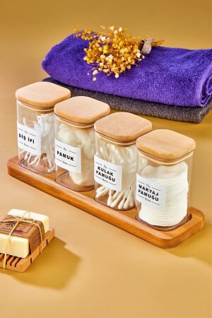 4-Piece Mica Cotton Buds & Cotton & Makeup Cotton & Dental Floss Organizer Storage Box with Wooden Stand - Fbzhome