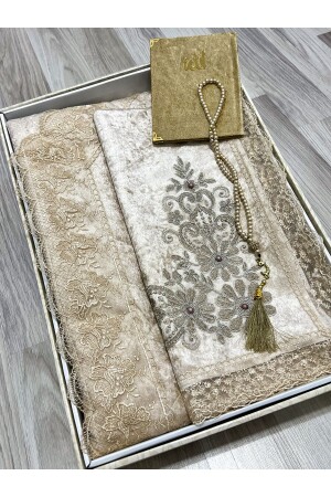 4 Piece Prayer Rug Set, Dowry Bundle Boxed, Velvet Laced Bride and Groom Set - Ayhanhome