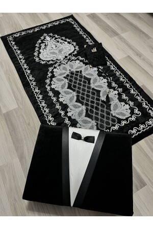 4 Piece Velvet Prayer Rug Set with Groom Motif with Storage Box Dowry Bundle Groom Bride Set - Ayhanhome