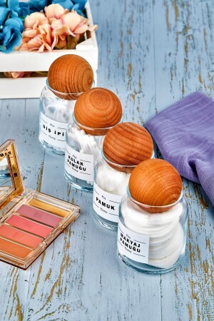4-Piece Wooden Ball Lid Dental Floss & Cotton & Make-up Cotton & Cotton Bud Organizer 300 Ml Glass Cotton Bottle FBZ-4L-DKPMPP - FBZhome
