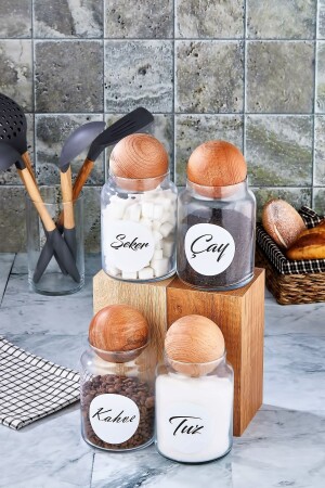 4-Piece Wooden Ball Lid Tea Sugar Coffee Salt Storage Container 800 Ml Labeled Glass Jar FBZ-SK-800CSKT - FBZhome