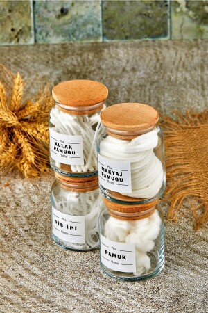 4-Piece Wooden Cover Makeup Cotton & Cotton & Cotton Bud & Dental Floss Organizer 300 Ml Cotton Dispenser - Fbzhome
