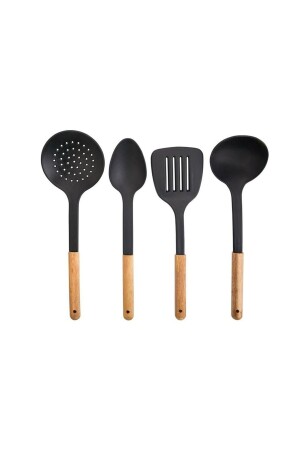4-Piece Wooden Handle Plastic Ladle Colander Spoon Spatula Black Service Set - Dempa
