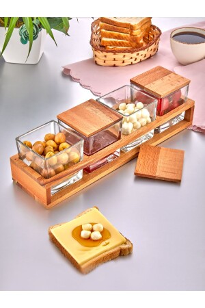 4-Piece Wooden Stand with Lid Glass Luxury Square Breakfast Bowl - Snack Bowl - Breakfast Presentation Set IL. 305 - İLİVA