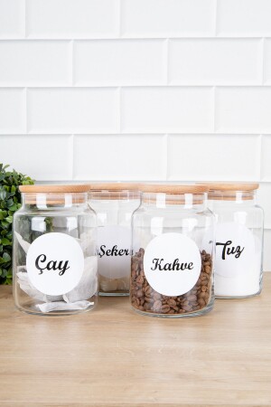 4-Piece Wooden Vacuum Lid Labeled Tea Sugar Coffee Salt Storage Container Glass Jar 800 Ml DNS-AK4ÇŞKT800 - DNS HOME
