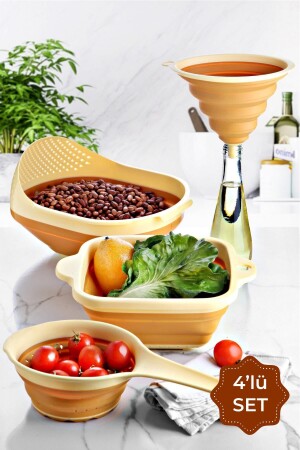 4 Piece Yellow Accordion Strainer Set - Brass - With Funnel & Handle and Square Design - Vienev