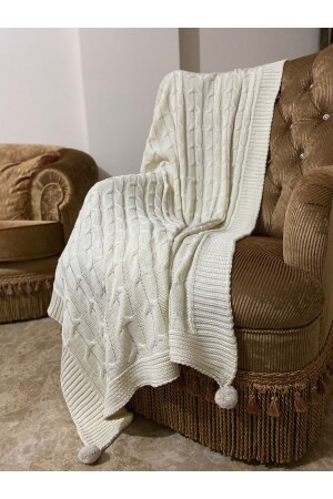 4 Pompoms Braided TV Blanket Cream Knitwear 130x170 Knee Blanket-Sofa Shawl - Ygt Home