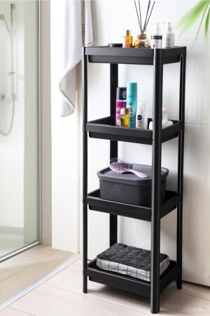 4-stufiges Badezimmerregal, schwarzer Badezimmer-Organizer, Shampoo-Halter, Handtuchhalter, Schrank - Omaş Household Product