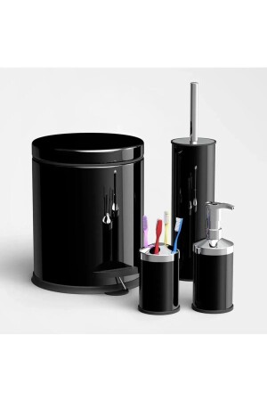 4-teiliges Badezimmer-Set, schwarzer Pedal-5-Liter-Mülleimer, Toilettenbürste, Seifenschale, Zahnbürstenhalter ÇKS112244 - nevhas