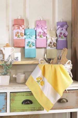45x65 100% Cotton Set of 6 Canvas Embroidered Kitchen Towels | - LENA