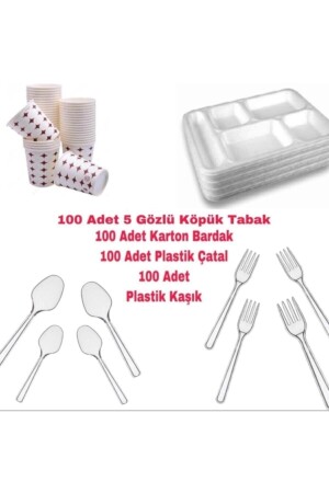 5 Compartment Table D'hote Foam Plate - Plastic Fork, Spoon - Cardboard Cup 00000017 - Hayat