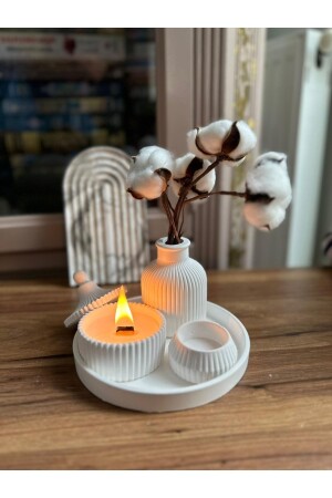 5 Parça Beyaz Renk, Vazo, Tealightlık Ve Tepsi Aksesuar Seti Mum Tasarım Set Şekerlik Set Mumlu - LİNECRAFT