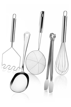 5 Parça Çelik Metal Mutfak Servis Seti Takımı (kaşık- Çırpıcı- Maşa- Patates Ezici- Kevgir) - Kaşbaşı Home