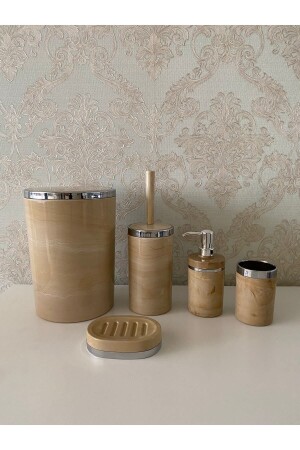 5 Parça Mermer Desen Gümüş Banyo Seti - Wc Fırçalık- Sıvı - Katı Sabunluk- Çöp Kovası- Diş Fırçalık - Trend Banyo Mutfak