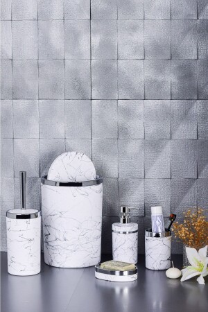 5 Parça Mermer Desen Mat Banyo Seti - Wc Fırçalık- Sıvı - Katı Sabunluk- Çöp Kovası- Diş Fırçalık - Trend Banyo Mutfak