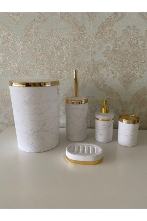 5 Piece Marble Pattern Mat Bathroom Set / WC Brush Holder, Liquid - Solid Soap Dish, Trash Can, Toothbrush Holder matgold - Trend Banyo Mutfak