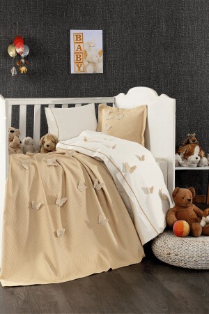 5 Piece 100% Cotton 3D Butterfly Patterned Baby Duvet Cover Set Beige STCKHMBEB1KLB - Minelya Home Collection